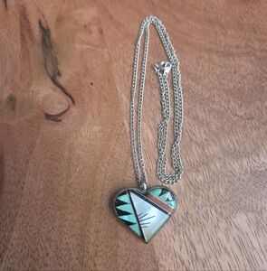 Vintage Zuni Inlay Heart Pendant & Chain Southwestern Western Native